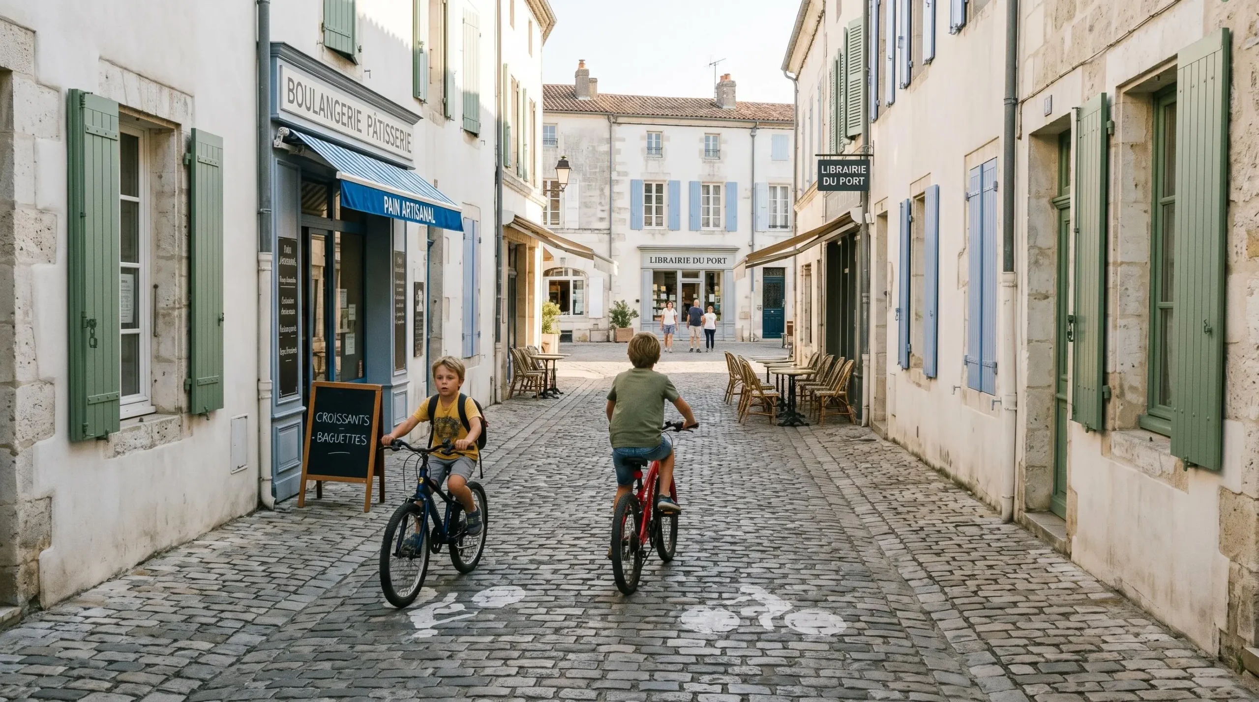 Two children cycling independently through a car-free cobblestone village street in Saint-Martin-de-Ré, with parents visible in distant background and traditional French boulangerie storefronts