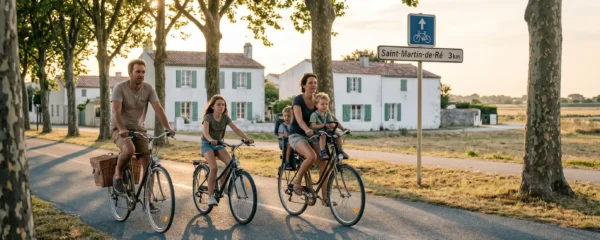 Family of four cycling on tree-shaded dedicated cycle path on Île de Ré, with whitewashed French village houses visible in the background under golden afternoon light
