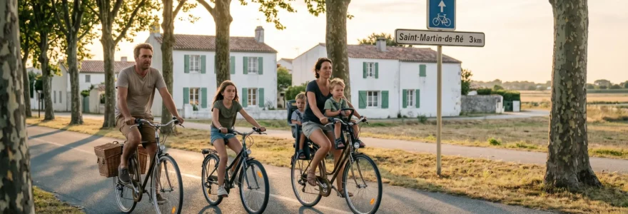 Family of four cycling on tree-shaded dedicated cycle path on Île de Ré, with whitewashed French village houses visible in the background under golden afternoon light