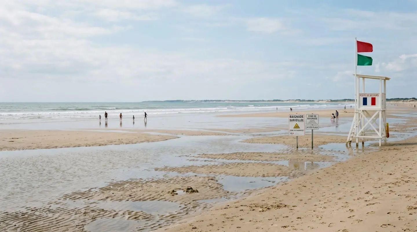 Wide Île de Ré beach at low tide showing extensive shallow tidal pools and lifeguard supervision tower with French safety flags