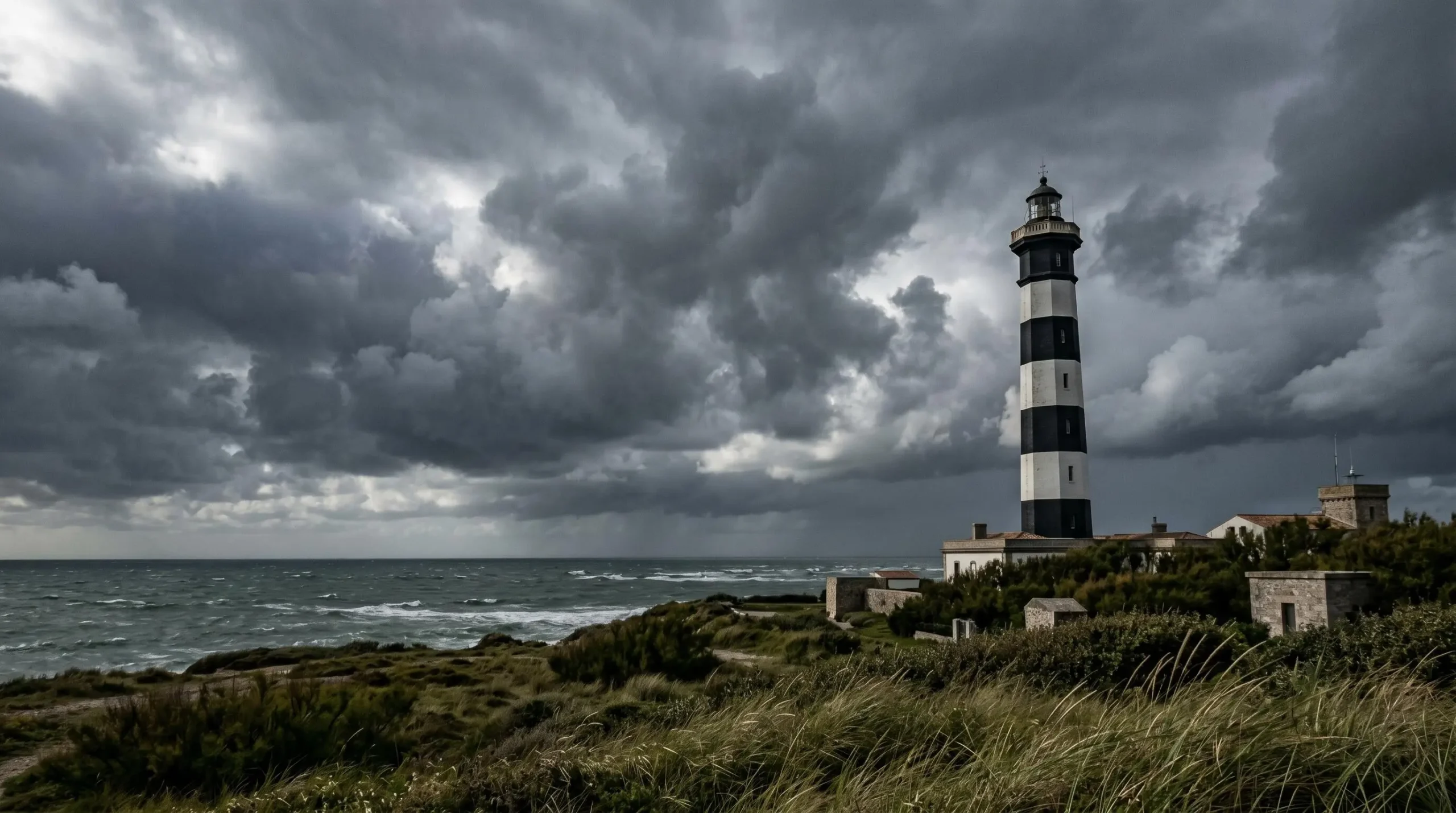 Phare des Baleines lighthouse standing against dramatic Atlantic storm clouds at the northern tip of Île de Ré